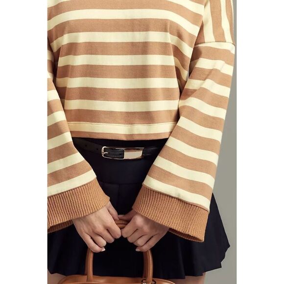 Anthropologie Maeve Women’s Yellow Tan Stripe Cotton Boxy Oversized V-Neck Top - Picture 10 of 11
